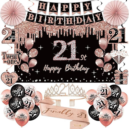 21st Birthday Decorations for Her 33pcs 21 Crown and Sash Black Rose