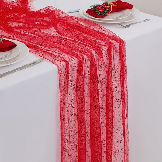 Red Christmas Table Runner 10 FT, Glitter Metallic Foil
