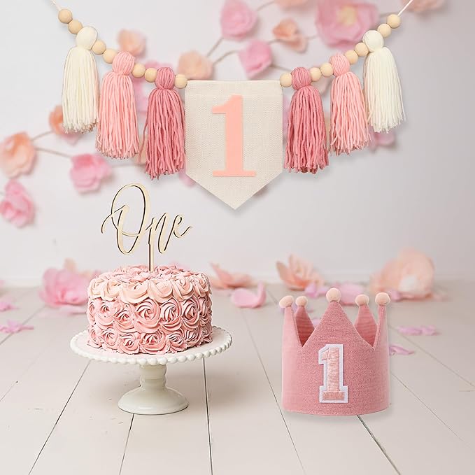 First Birthday Party Decorations Pink High Chair Banner 1st Crown