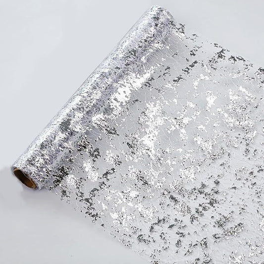 Snowkingdom Silver Table Runner, Sequin Glitter Foil Metallic Mesh