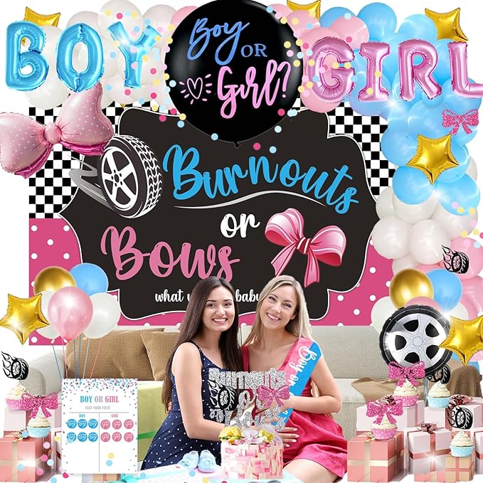 Burnouts or Bows Gender Reveal Decorations Kit 171 Pcs Boy or Girl