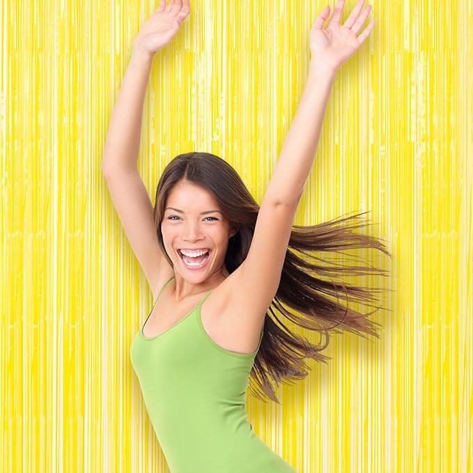 Voircoloria 3 Pack 3.3 x 8.2 ft Pastel Yellow Foil Fringe Backdrop
