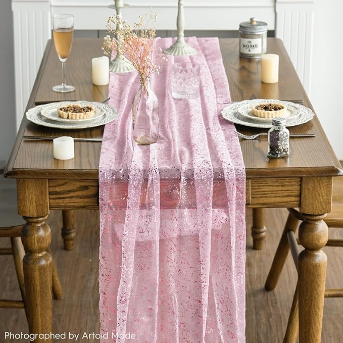 Artoid Mode 3PCS Pink Gold Gauze Table Runner 120 Inch 10FT, Glitter