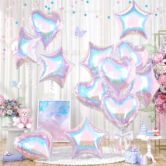 Iridescent Heart Balloons, 12PCS Holographic Clear Star Balloons, 18