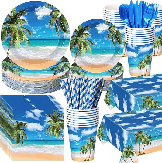 219 Pcs Beach Party Decorations Blue Summer Tropical Plate Napkin
