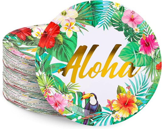 Paper Plates 9 Inch Disposable Tropical Hawaiian Luau Design 40Pcs