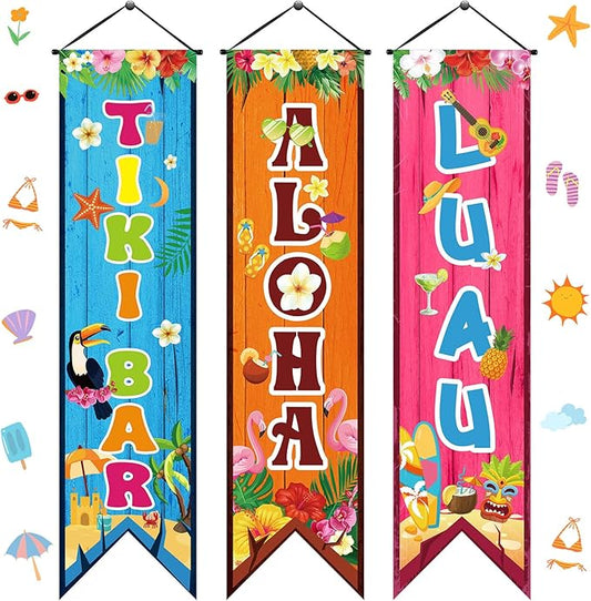 3 Pcs Hawaiian Banners Aloha Luau Porch Sign Tiki Bar Hanging Flag