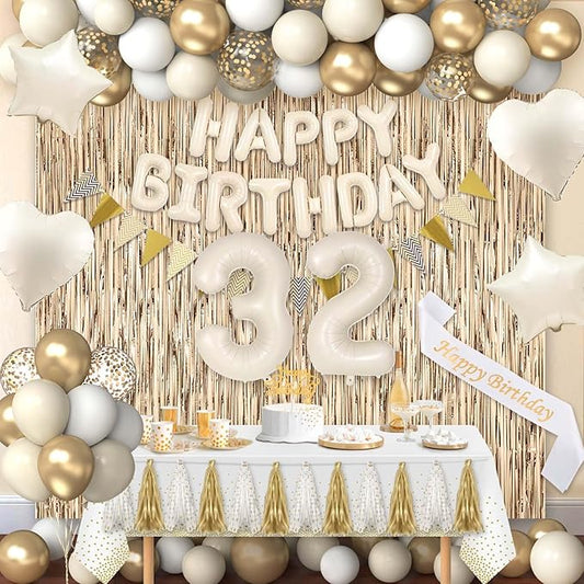32nd Birthday Decorations for Women, White and Gold 32 Boho Birthday