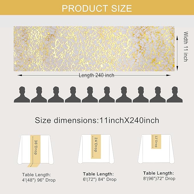 20Ft Gold Table Runner, Golden Glitter Foil Metallic Thin