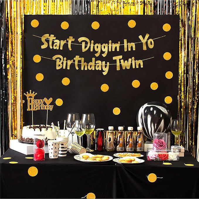 Pre-Strung Start Diggin' In Yo Birthday Twin Gold Glitter Banner -