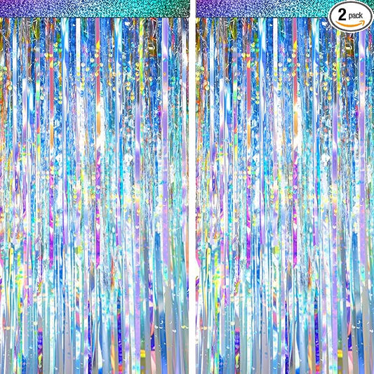 2 Packs Iridescent Foil Fringe Curtain, Neon Transparent Holographic