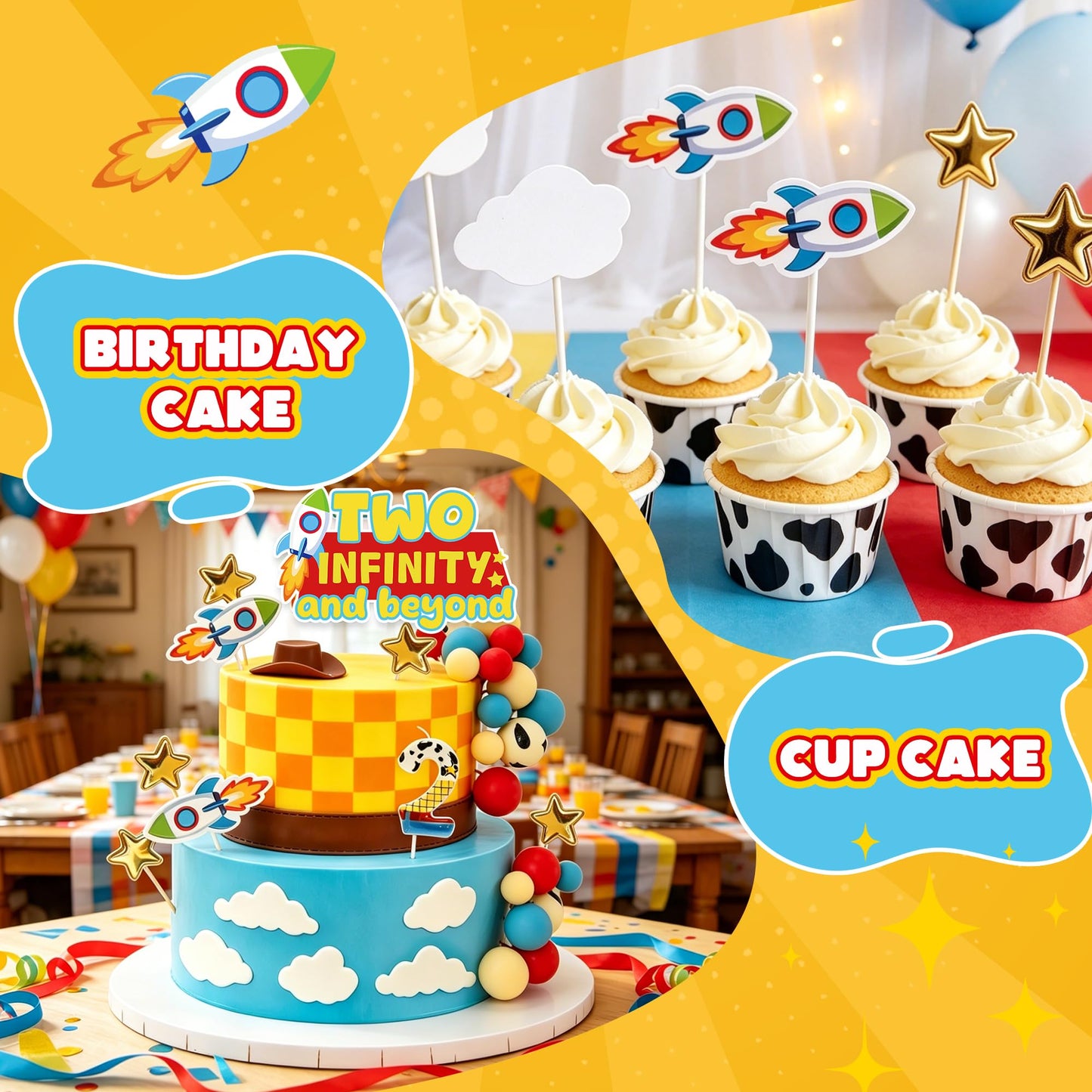 Two Infinity and Beyond Cartoon Story Cake Toppers Set - Space Cowboy