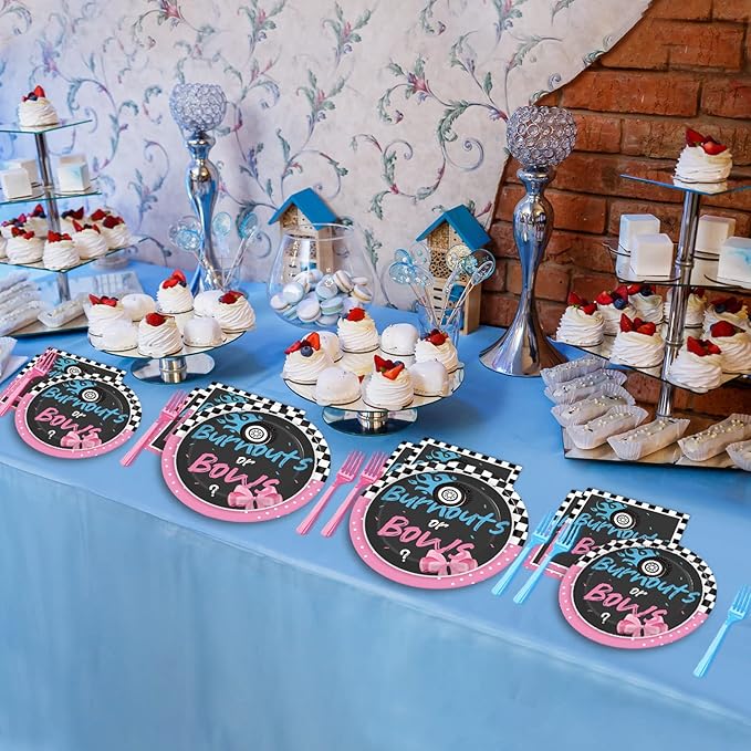 96 Pcs Gender Reveal Burnouts or Bows Party Plate and Napkins