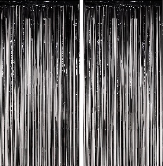 Voircoloria 2 Pack Black Foil Fringe Backdrop Curtains, Tinsel
