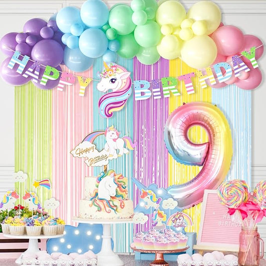 Unicorn 9th Birthday Party Decorations Rainbow Banner Balloons No.9