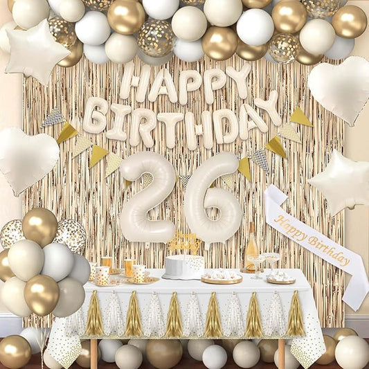 26th Birthday Decorations for Women, White and Gold 26 Boho Birthday