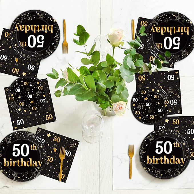 96 Pcs 50th Birthday Party Supplies Paper Plates Napkins Golden