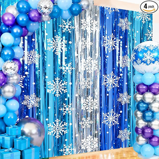 2 Packs Snowflake Foil Fringe Curtain, Blue Silver Ice Glitter