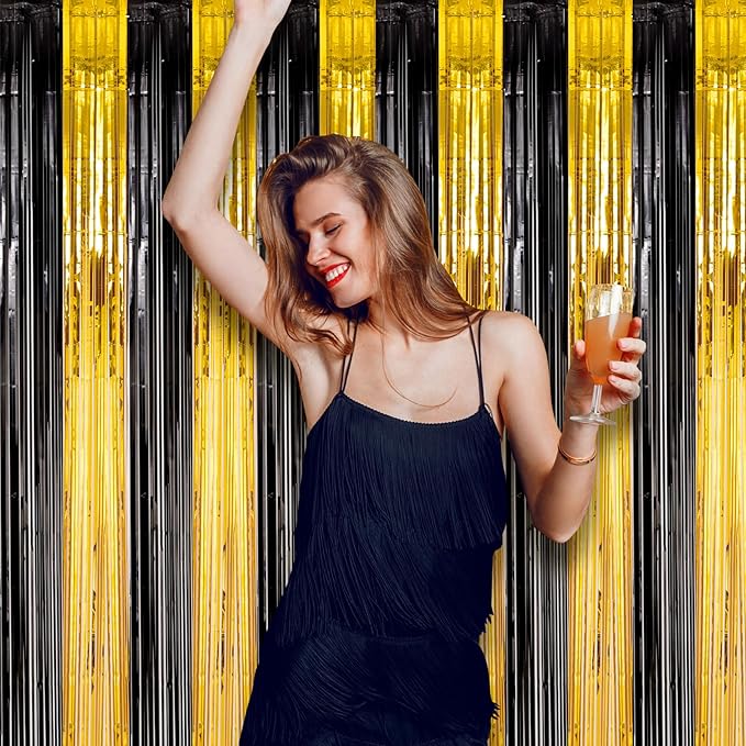 2 Pack Black and Gold Foil Fringe Backdrop Curtains