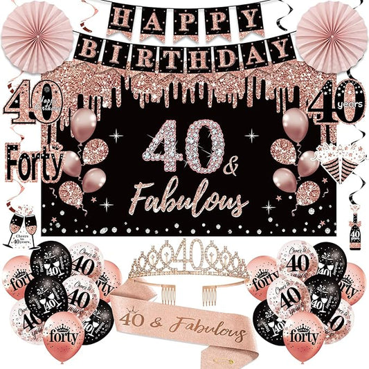40th Birthday Decorations for Women 33pcs Black Rose Gold Happy 40th