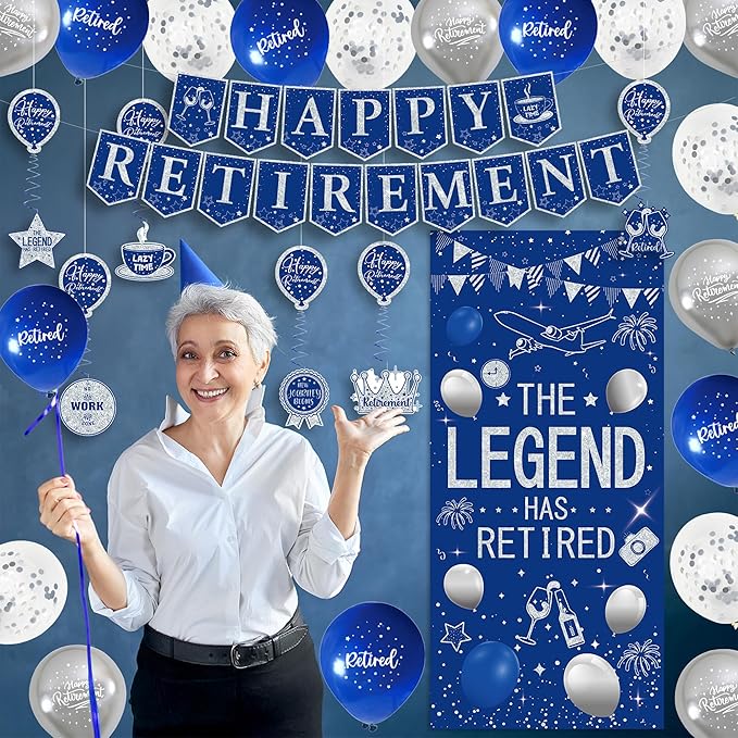 Roetyce Retirement Party Decorations for Men Women, Blue Silver Happy