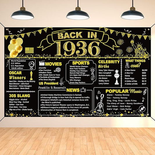 DARUNAXY 90th Birthday Black Gold Party Decoration, Back in 1936