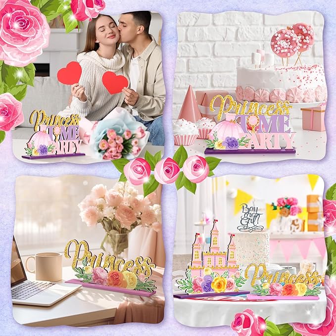 6 Pcs Princess Party Centerpieces Floral Wooden Princess Theme Table