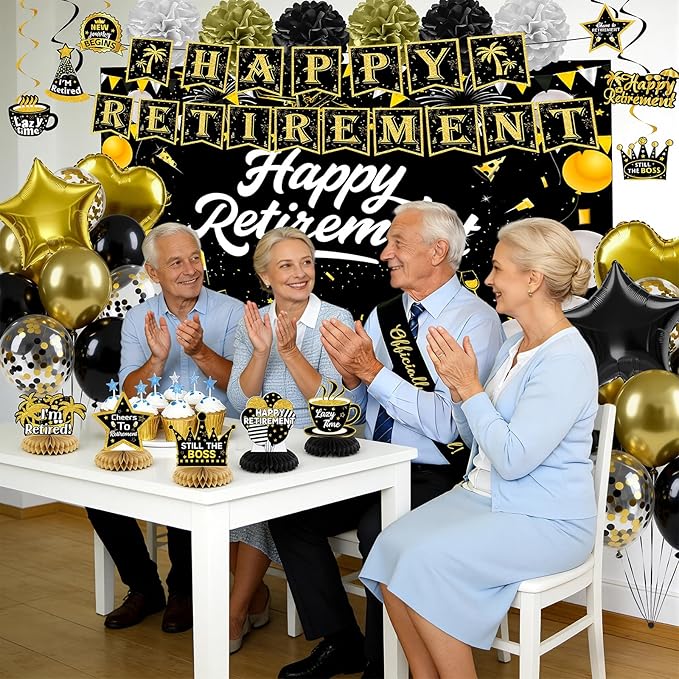 Retirement Party Decorations, Black Gold Happy Retirement Decorations
