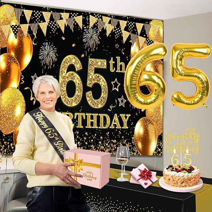 65th Birthday Decorations Men Women with 65th Birthday Banner Black