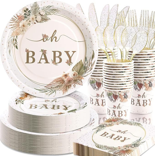 350 Pcs Boho Baby Shower Decorations for Girl, Baby Shower Plates and
