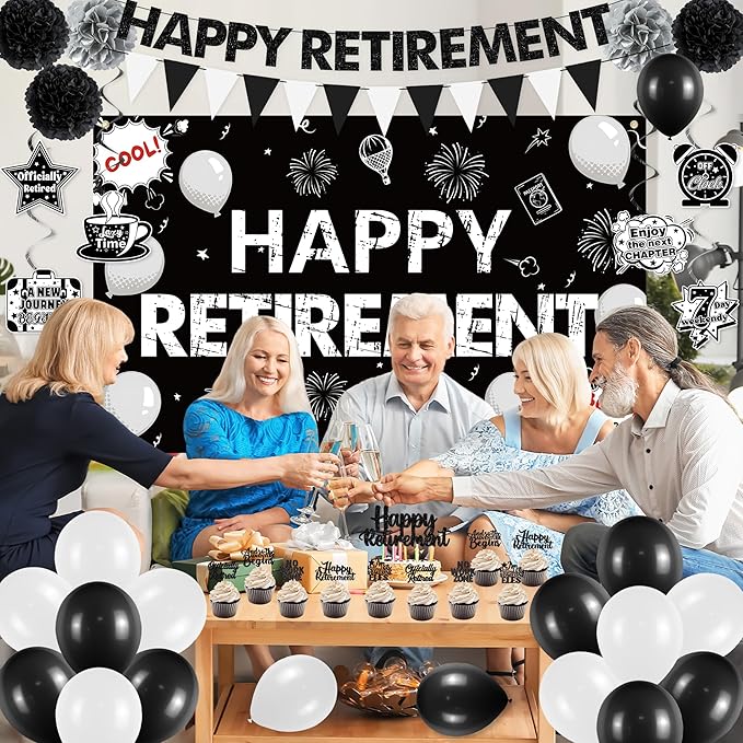 Retirement Party Decorations Black White Happy Retirement Banner