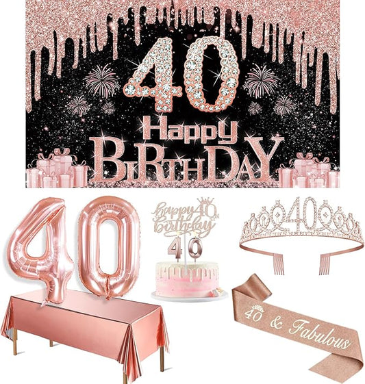 40th Birthday Decorations for Women with Banner Rose Gold Tablecloth
