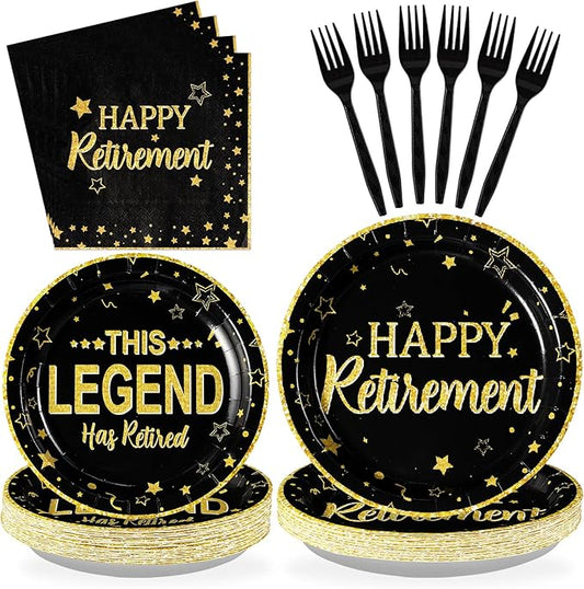 96 Pcs Retirement Party Plates Black and Gold Happy Retirement Party