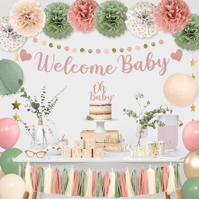Girl Baby Shower Decorations Pink Sage Green Balloons Welcome
