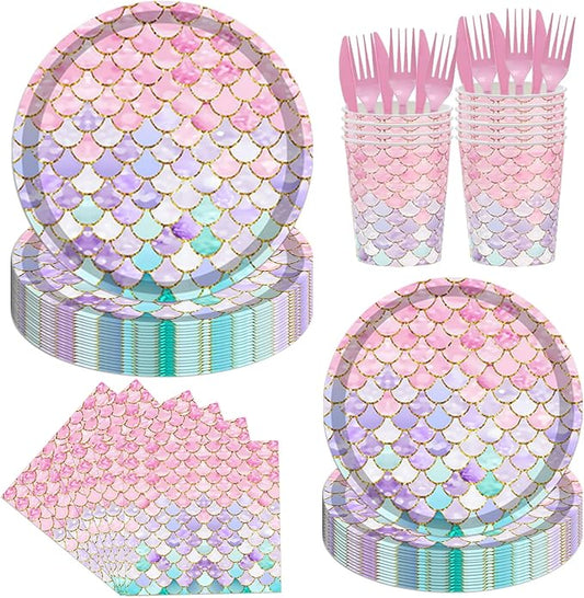 144PCS Mermaid Party Tableware Set Mermaid Birthday Party Supplies