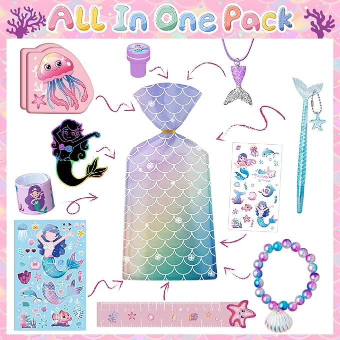 110Pcs Mermaid Party Favors Including Stampers Notebooks Mermaid