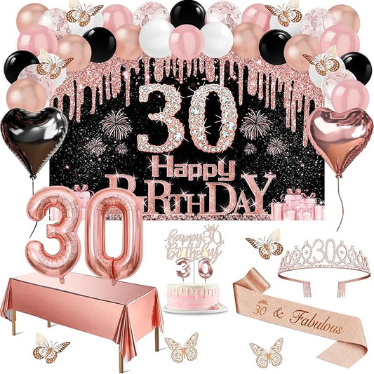 30th Birthday Decorations for Her 49pcs Black Rose Gold Black Happy