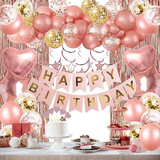 Rose Gold Birthday Party Decorations, Happy Birthday Banner
