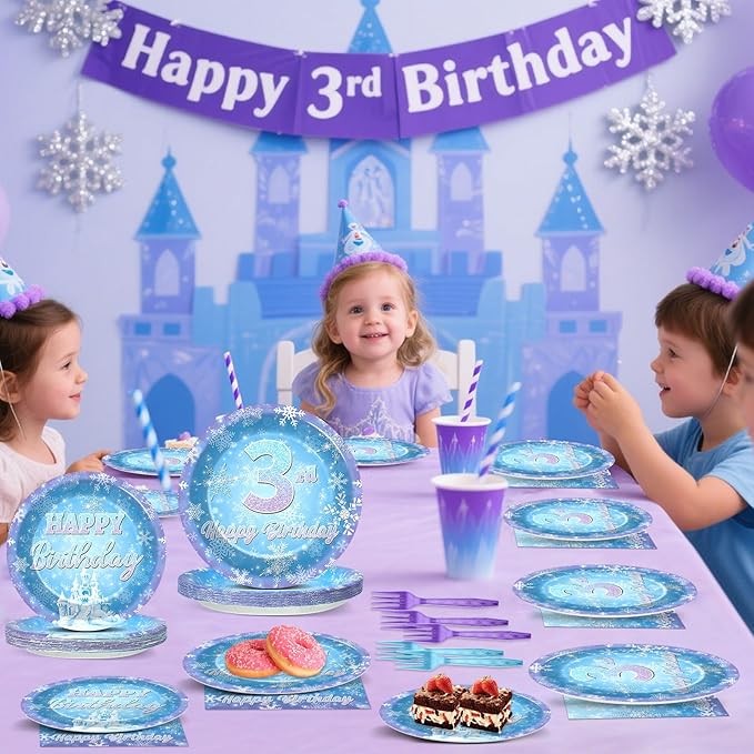 Snowflake Winter Wonderland 3rd Birthday Paper Plates Napkins Forks