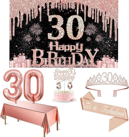 30th Birthday Decorations for Her with Banner Rose Gold Tablecloth