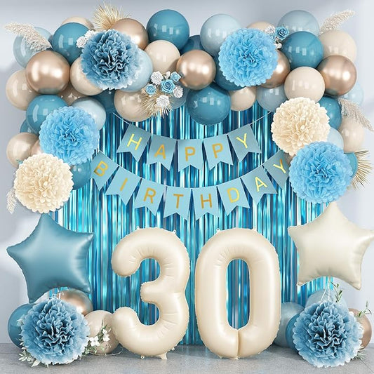 Dusty Blue 30th Birthday Party Decorations for Her Him Beige Cream