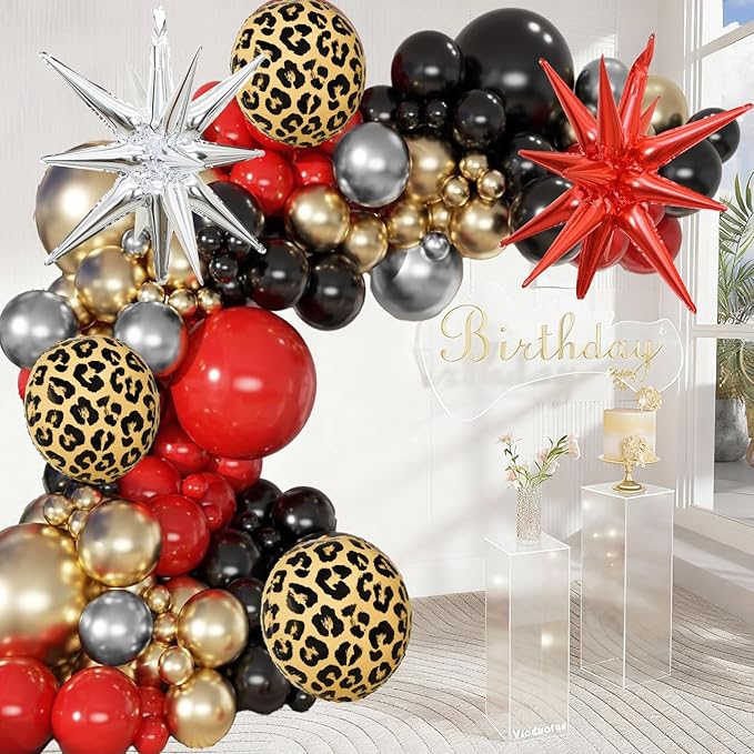 Red Black Gold Balloon Arch Garland Kit Leopard Cheetah Print Party