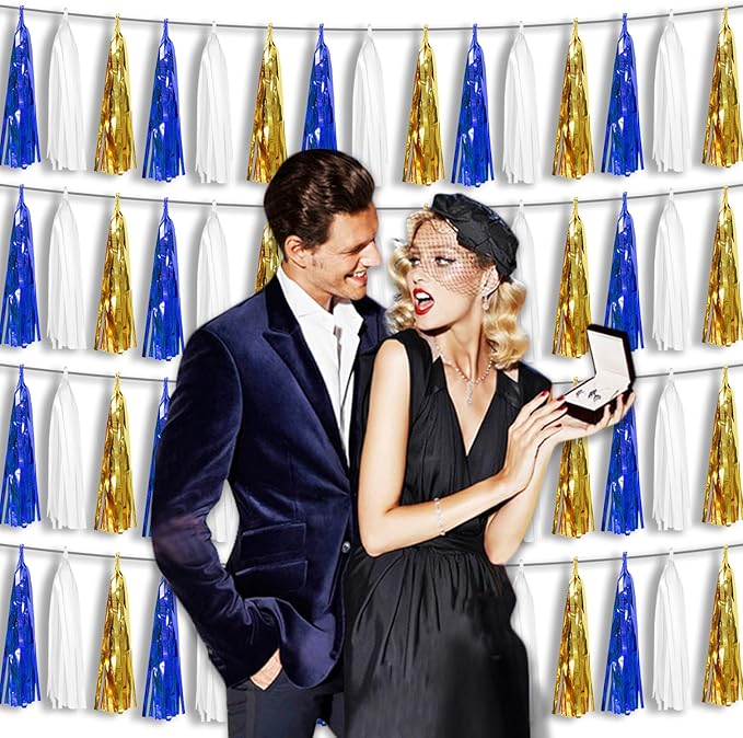 4 Pack Navy-Blue White and Gold Foil Fringe Tassel Banner Garland