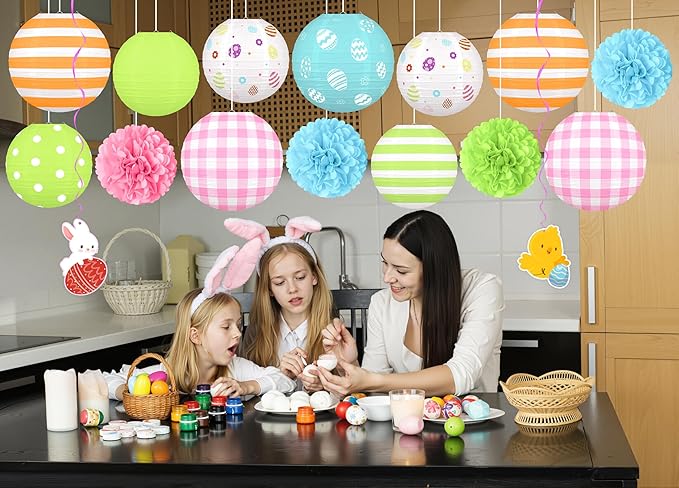 16pcs Easter Party Hanging Decorations Pastel Paper Lanterns and Pom