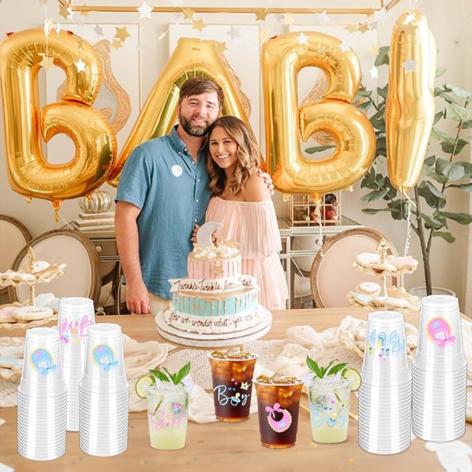 100 Pcs Gender Reveal Party Plastic Cups 12oz Thick Clear Cup Pink