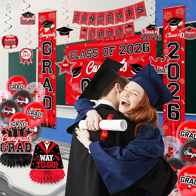 Graduation Decorations Red and Black Party Decor Set include Congrats