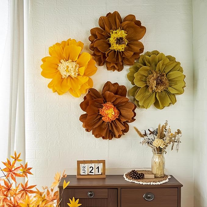 4 PCS 20" Brown Yellow Giant Paper Flowers Boho Baby Shower Party