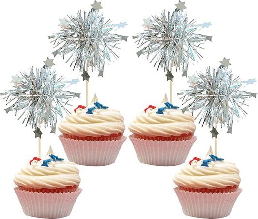 30Pcs Foil Firework Cupcake Toppers Sparkle Tinsel Star Cake