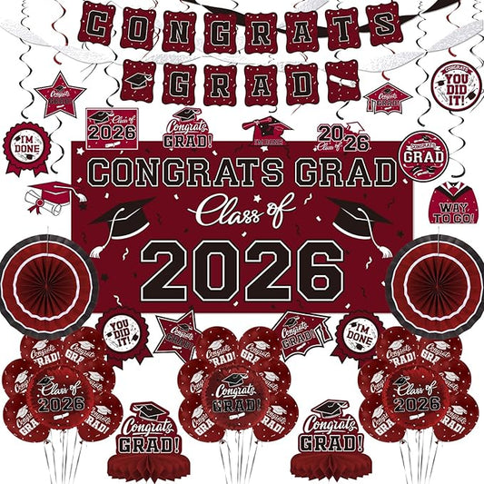 Maroon Themed 2026 Graduation Decorations Set - Congrats Grad Banner,