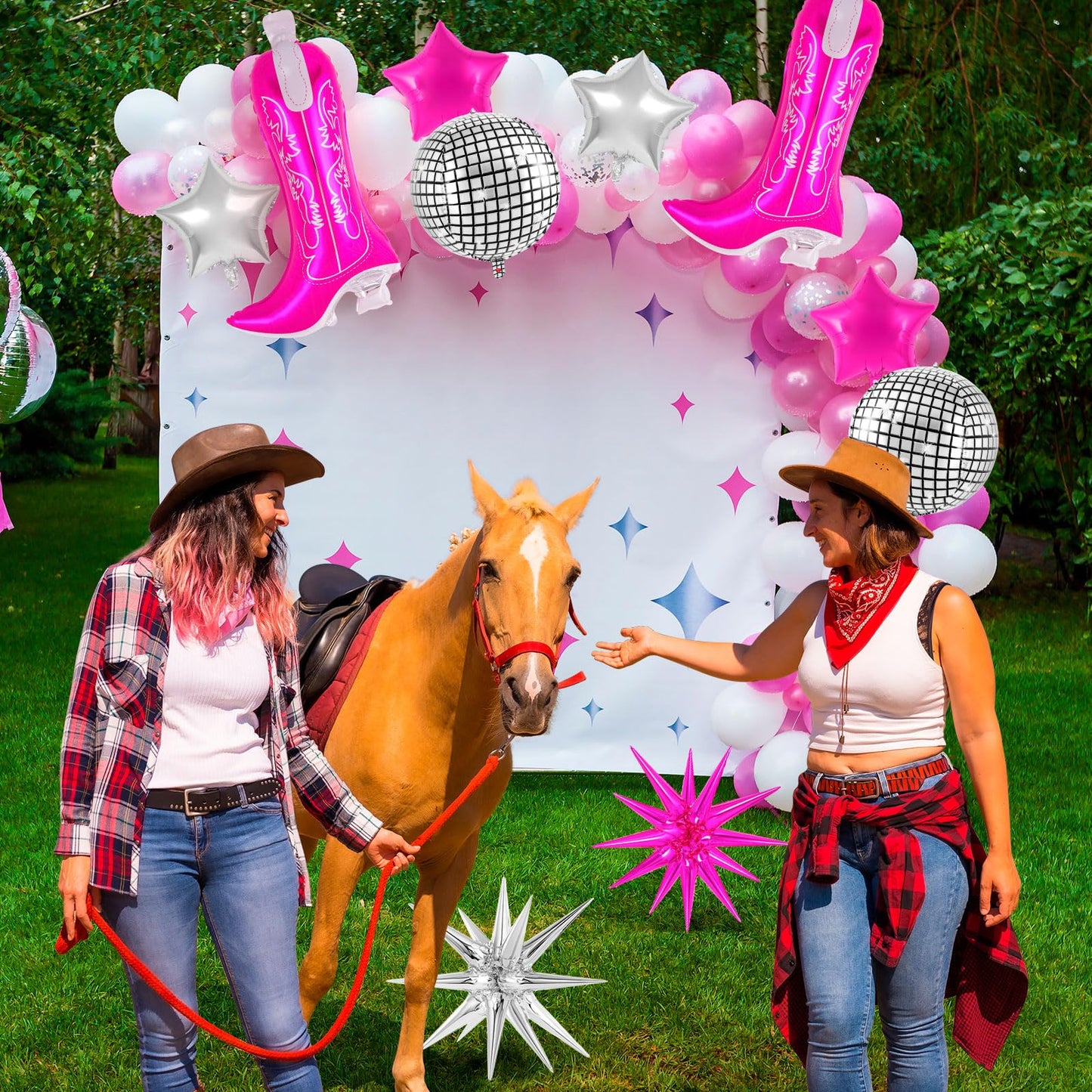 10 Pcs Pink Cowgirl Boot Balloons, Foil Disco Cowgirl Balloons Western